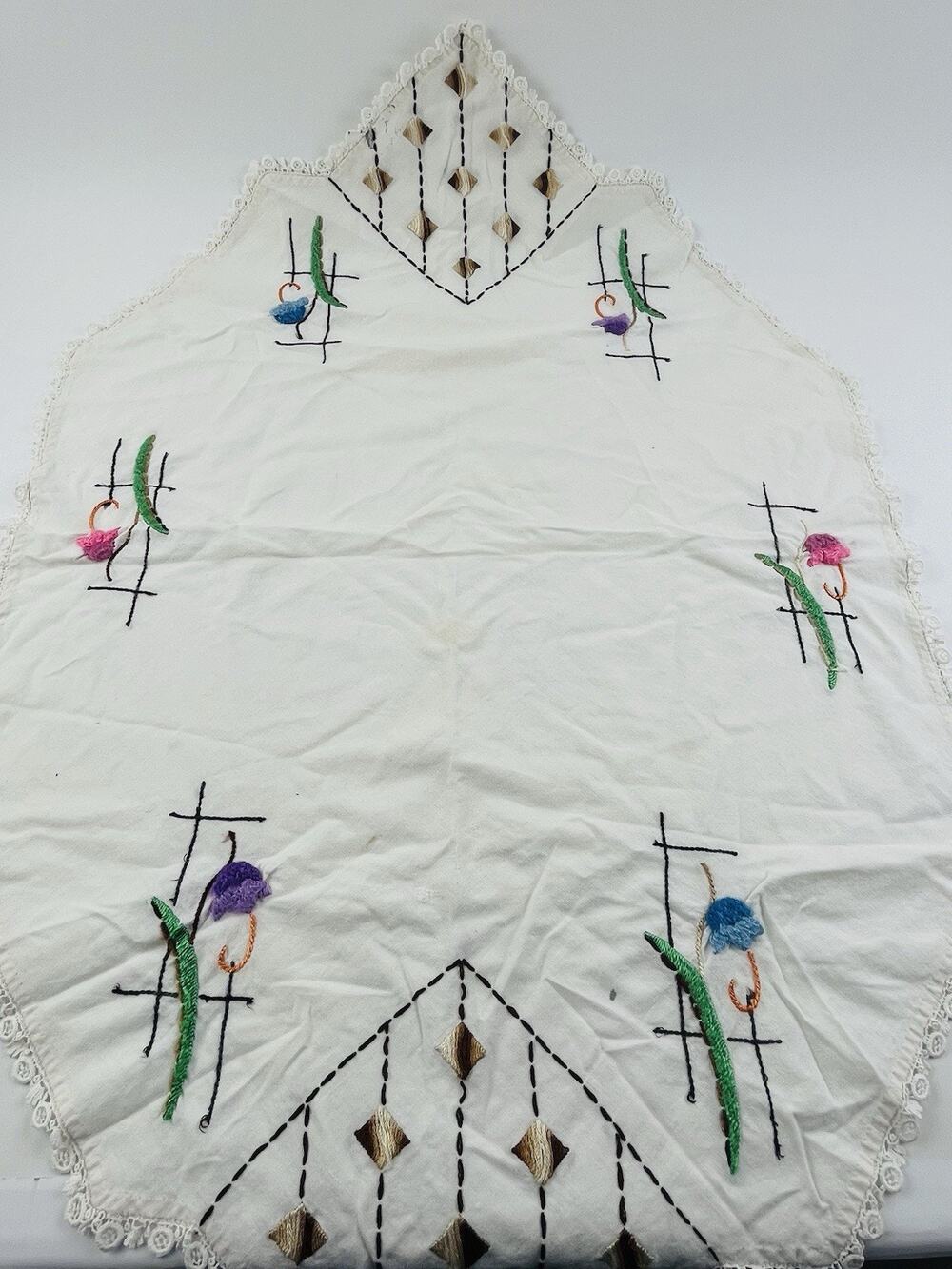 Vintage Hand Embroidered Table Runner Floral Dresser Scarf Lace Edge Purple Brow